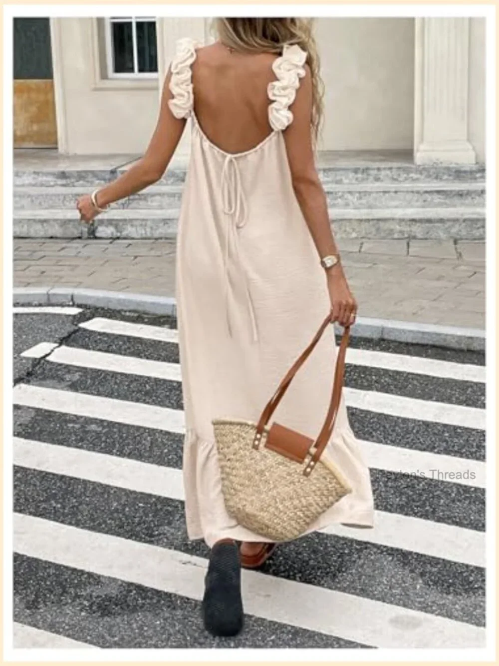 Boho Ruffle Cami Maxi Dress Sleeveless Backless Open Back Tie Back Flowy - Picture 6 of 6